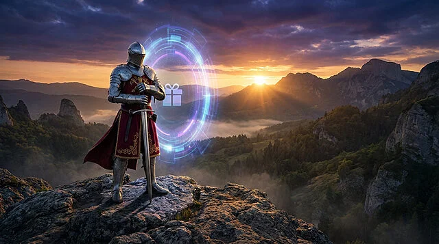 epic knight digital gift portal Chevalier en armure au lever du soleil.