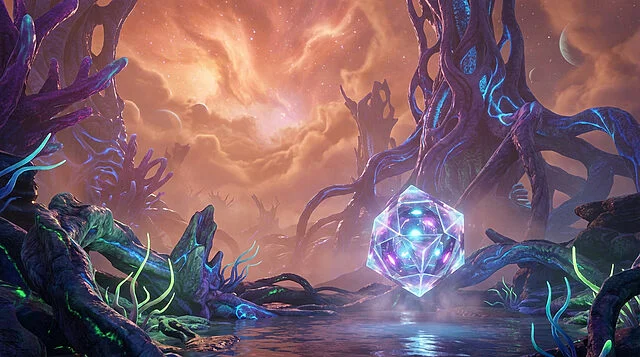 ethereal crystal in a psychedelic alien landscape Paysage fantastique avec cristal lumineux et arbres étranges.
