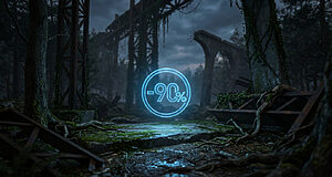 A vibrant, glowing blue -90% symbol floats centrally in a dark, atmospheric, overgrown forest with decaying industrial ruins.