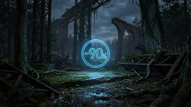 Ethereal Discount in Overgrown Industrial Ruins A vibrant, glowing blue -90% symbol floats centrally in a dark, atmospheric, overgrown forest with decaying industrial ruins.