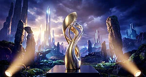 A gleaming, stylized gold and silver award trophy on a pedestal, dramatically spotlighted against a fantastical, futuristic landscape with ethereal light.