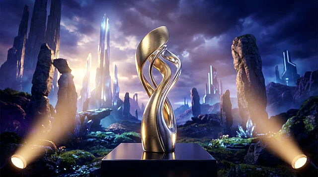 Expedition's Pinnacle: Golden Award A gleaming, stylized gold and silver award trophy on a pedestal, dramatically spotlighted against a fantastical, futuristic landscape with ethereal light.