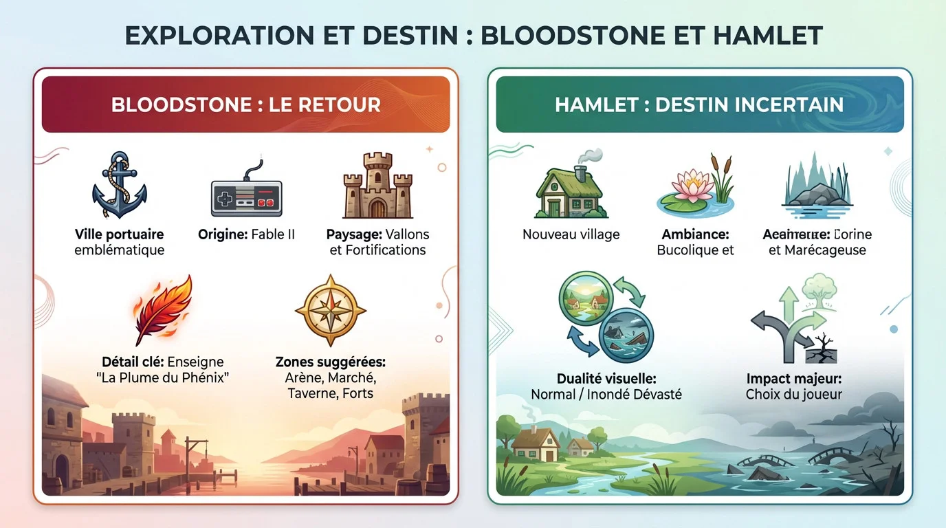 Concept art de Fable 4 montrant les paysages d'Albion et la ville de Bloodstone