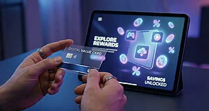 Hands hold a transparent digital value card before a glowing tablet displaying "Explore Rewards" and "Savings Unlocked" in a futuristic blue-purple light.