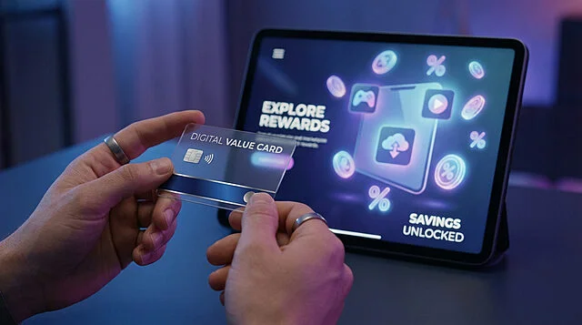 Hands hold a transparent digital value card before a glowing tablet displaying "Explore Rewards" and "Savings Unlocked" in a futuristic blue-purple light.