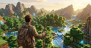 An adventurer with a backpack gazes at a vast, vibrant block-based fantasy world at golden hour, featuring blocky mountains, rivers, and glowing crystals.
