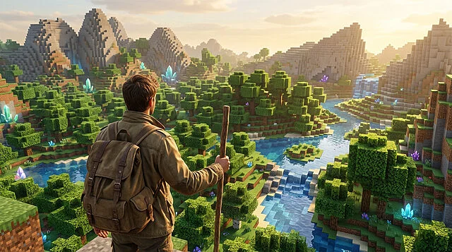 Explorer's Vista: Block World Adventure An adventurer with a backpack gazes at a vast, vibrant block-based fantasy world at golden hour, featuring blocky mountains, rivers, and glowing crystals.