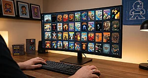 Personne jouant à des jeux rétro sur ordinateur.