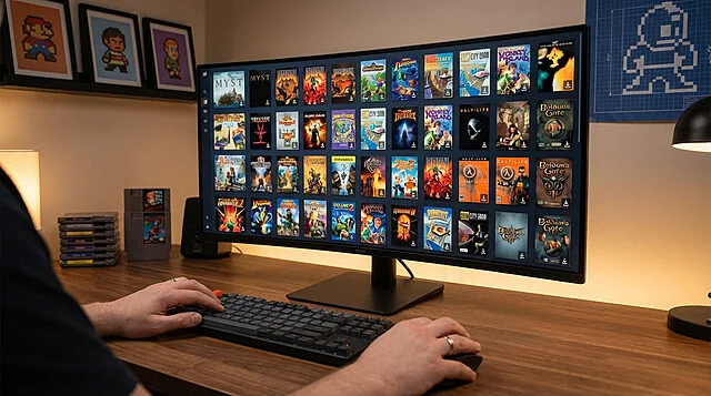 exploring a digital library of classic pc games Personne jouant à des jeux rétro sur ordinateur.