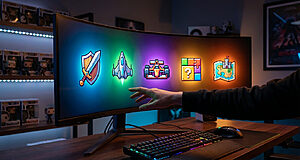 Hand reaches for a glowing monitor with five vibrant game genre icons, symbolizing free titles. Modern gaming setup with ambient light.