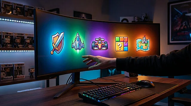 Hand reaches for a glowing monitor with five vibrant game genre icons, symbolizing free titles. Modern gaming setup with ambient light.