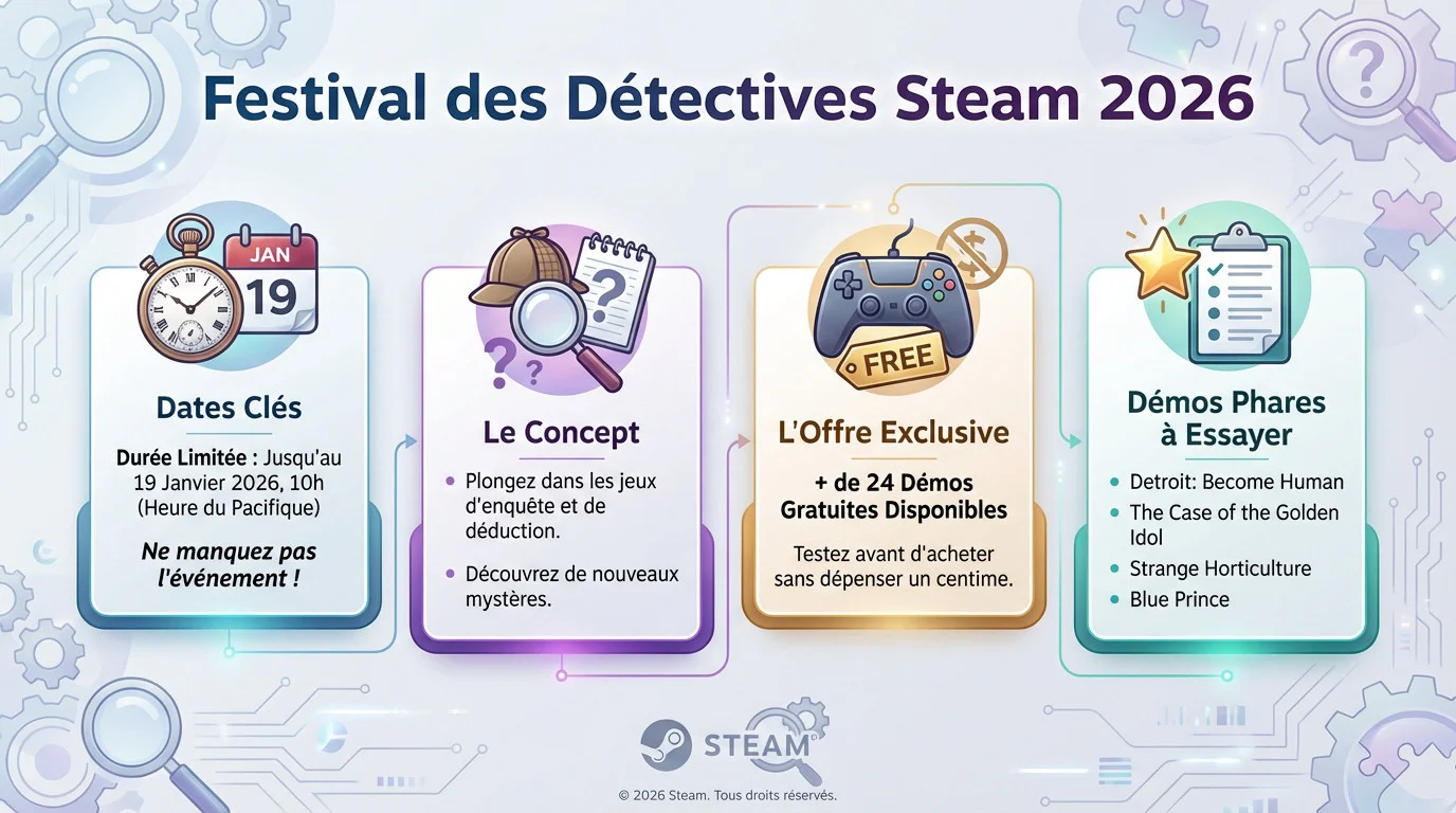 Affiche promotionnelle du festival des détectives Steam 2026 montrant une loupe et des indices mystérieux