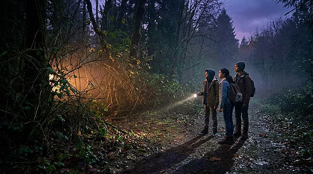 forests secret a golden glow at dusk Enfants explorant forêt sombre avec lampes torches.