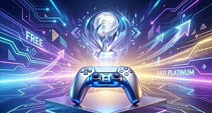 Futuristic image: silver/blue controller, glowing platinum trophy, "FREE" & "EASY PLATINUM" text in neon digital landscape.