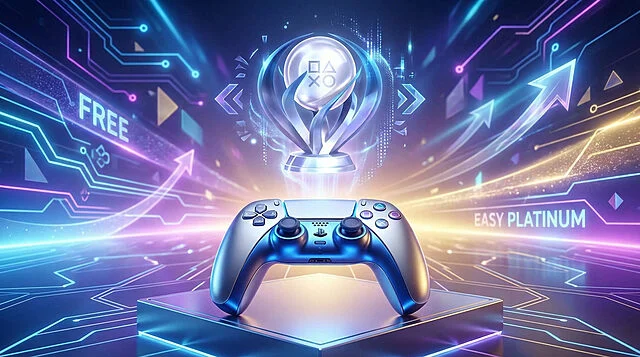 Free PS Games & Easy Platinum Trophies Futuristic image: silver/blue controller, glowing platinum trophy, "FREE" & "EASY PLATINUM" text in neon digital landscape.