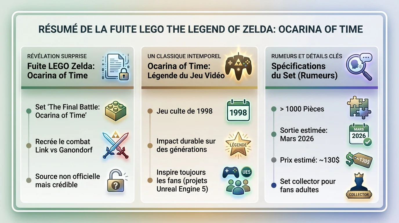 Infographie résumant les fuites sur le set LEGO Zelda Ocarina of Time : combat final Link contre Ganon