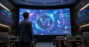 Figure in modern conference room views large screen with glowing 'VI' logo, 'MAJOR ANNOUNCEMENT', 'FEB 3' amidst futuristic data.