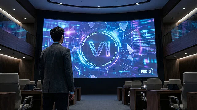 Future Finance Forum: Major Announcement Preview Figure in modern conference room views large screen with glowing 'VI' logo, 'MAJOR ANNOUNCEMENT', 'FEB 3' amidst futuristic data.