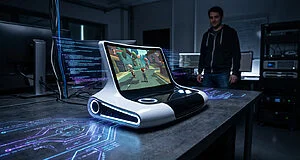 Futuristic console with glowing blue/white lights, displaying a game. Blue/purple circuit patterns emanate. Developer observes in a dim lab.