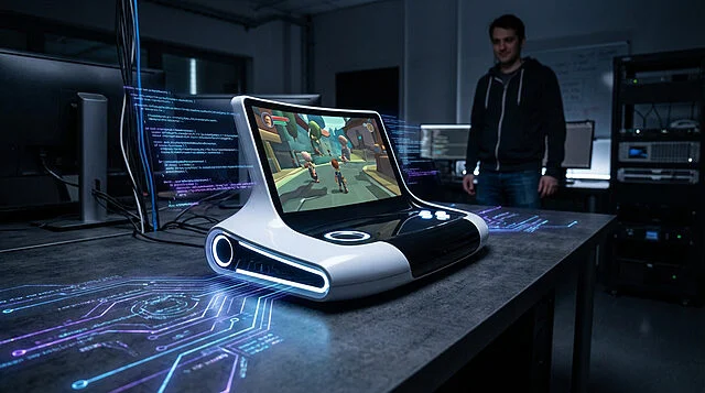 Future of Gaming: A Developer's Triumph Futuristic console with glowing blue/white lights, displaying a game. Blue/purple circuit patterns emanate. Developer observes in a dim lab.