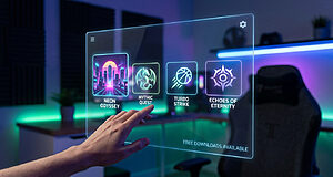 Hand interacting with a glowing, futuristic game launcher. Four vibrant game icons are visible, with 'FREE DOWNLOADS AVAILABLE' text.