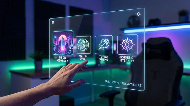Futuristic Game Launcher: Discover Free Titles Hand interacting with a glowing, futuristic game launcher. Four vibrant game icons are visible, with 'FREE DOWNLOADS AVAILABLE' text.