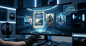 Curved gaming monitor shows four game icons, one glowing '10/10', with 'JAN 2026' and a hand on keyboard/mouse.