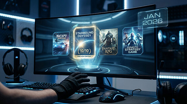 Futuristic Gaming: Discover New Worlds & Content Curved gaming monitor shows four game icons, one glowing '10/10', with 'JAN 2026' and a hand on keyboard/mouse.