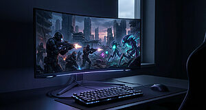 Curved monitor displays futuristic soldiers battling glowing aliens in a ruined city. Screen light illuminates keyboard/mouse in a dark gaming setup.