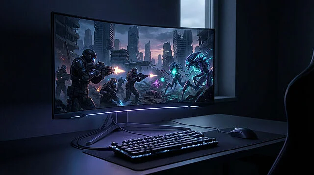 Futuristic Gaming Immersion: Tactical Combat Curved monitor displays futuristic soldiers battling glowing aliens in a ruined city. Screen light illuminates keyboard/mouse in a dark gaming setup.