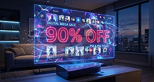Holographic screen displays '90% OFF' for PS5/PS4 game titles, with dynamic digital effects, over a sleek console in a dim room.
