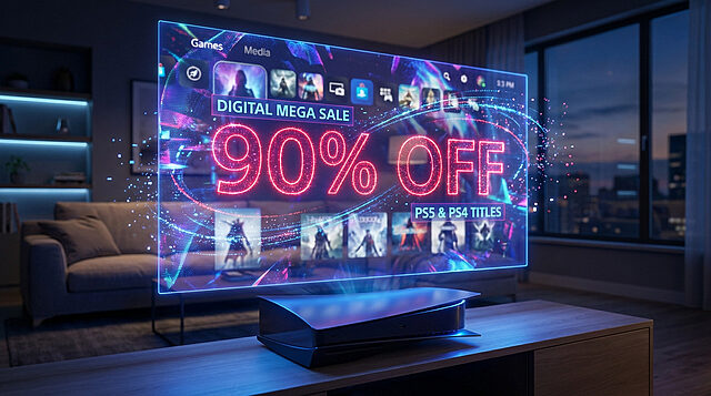Futuristic Gaming Sale: 90% Off PS5 & PS4 Titles Holographic screen displays '90% OFF' for PS5/PS4 game titles, with dynamic digital effects, over a sleek console in a dim room.