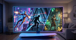 Curved gaming screen shows three scenes: futuristic action, stealth mission, and fantasy RPG dungeon, above a white console.