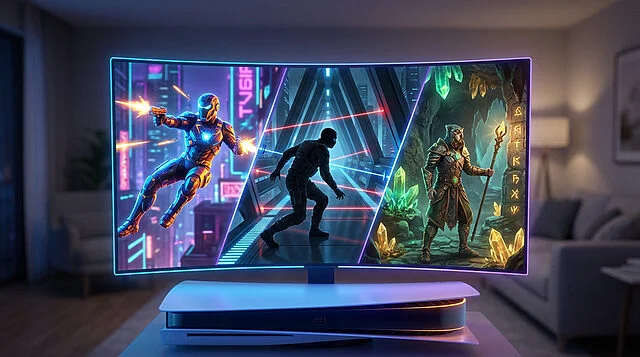 Futuristic Multi-Game Display on Curved Console Curved gaming screen shows three scenes: futuristic action, stealth mission, and fantasy RPG dungeon, above a white console.