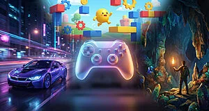 Voiture, jeu plateforme, garçon explorant grotte