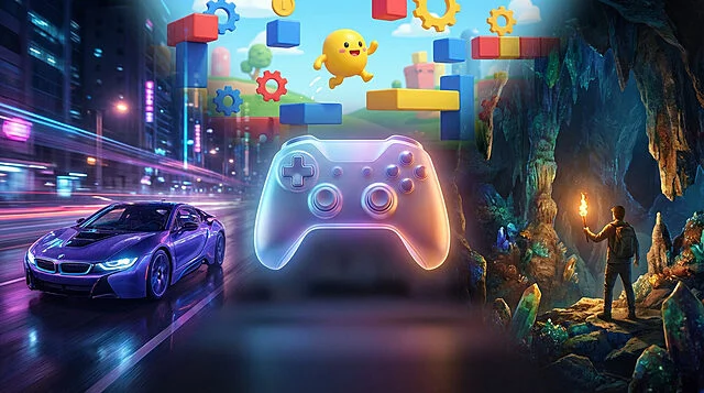 Voiture, jeu plateforme, garçon explorant grotte