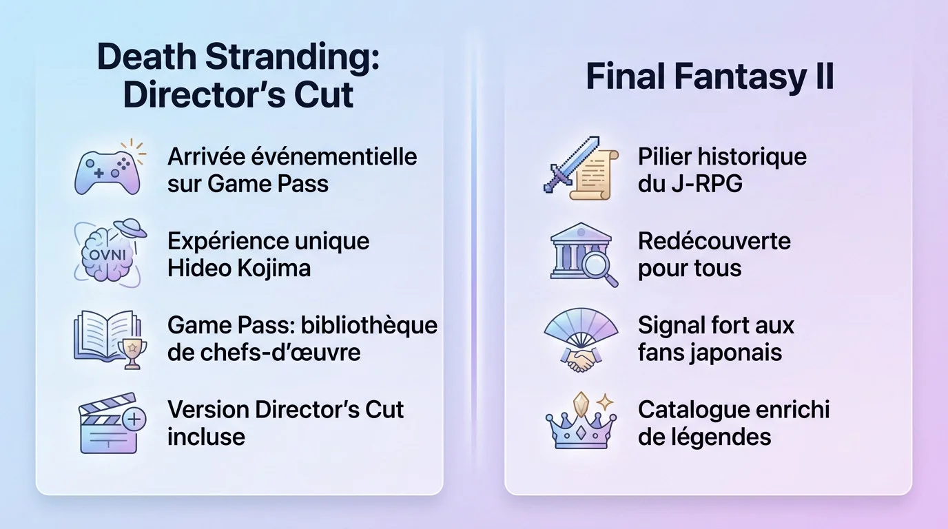 Affiche promotionnelle montrant Death Stranding et Final Fantasy II arrivant sur le Xbox Game Pass