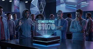 People react to a futuristic black gaming console displaying an estimated price of $1070, showing shock, skepticism, and concern.