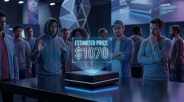 Gaming Console Price Reveal Reaction People react to a futuristic black gaming console displaying an estimated price of $1070, showing shock, skepticism, and concern.