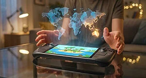 A person's hands hover over a gaming console displaying an island game. Above it, a holographic world map shows illuminated time zones, suggesting early access.