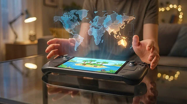 Gaming Console with Holographic Time Zone Map A person's hands hover over a gaming console displaying an island game. Above it, a holographic world map shows illuminated time zones, suggesting early access.