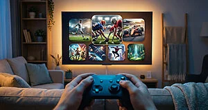 Generic hands hold a game controller, foreground blurred. A vibrant TV in a dim living room displays seven diverse game icons: sports, action, fantasy.