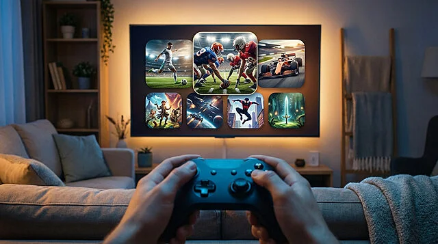 Gaming Freedom: Endless Worlds at Your Fingertips Generic hands hold a game controller, foreground blurred. A vibrant TV in a dim living room displays seven diverse game icons: sports, action, fantasy.