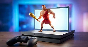 Muscular cartoon hero bursts from a gaming console screen, golden club in hand. Controller in soft foreground. Digital portal background.
