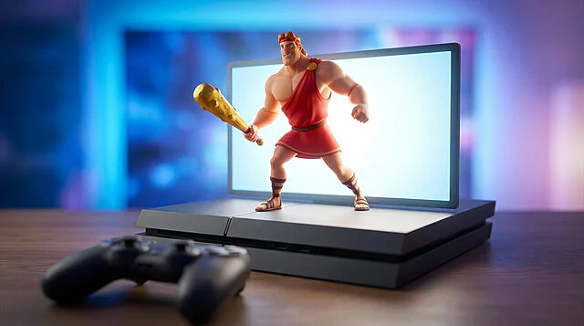 Gaming Portal: Hero's Grand Entrance Muscular cartoon hero bursts from a gaming console screen, golden club in hand. Controller in soft foreground. Digital portal background.