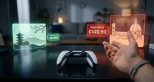 A PS5-like controller on a dark table. Holographic Japan graphic with low price (¥8,900) left, Europe graphic with high price (€149.99) right. Hand reaches for high price.