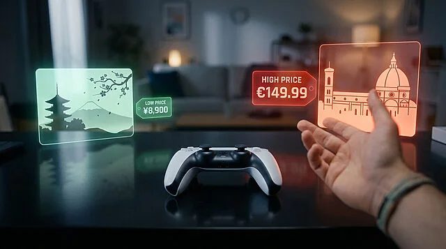 A PS5-like controller on a dark table. Holographic Japan graphic with low price (¥8,900) left, Europe graphic with high price (€149.99) right. Hand reaches for high price.