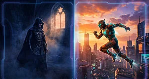 Split image: dark fantasy figure in mist on left, futuristic armored hero leaping over a city on right, connected by digital lines.