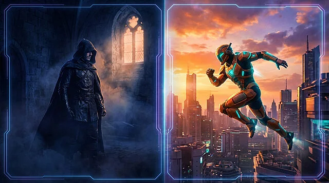 Gaming Spectrum: Dark Fantasy vs. Sci-Fi Adventure Split image: dark fantasy figure in mist on left, futuristic armored hero leaping over a city on right, connected by digital lines.