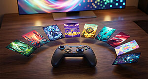 Sleek dark gray game controller on wood, surrounded by nine floating, vibrant game covers of diverse genres. Blurred glowing TV in background.